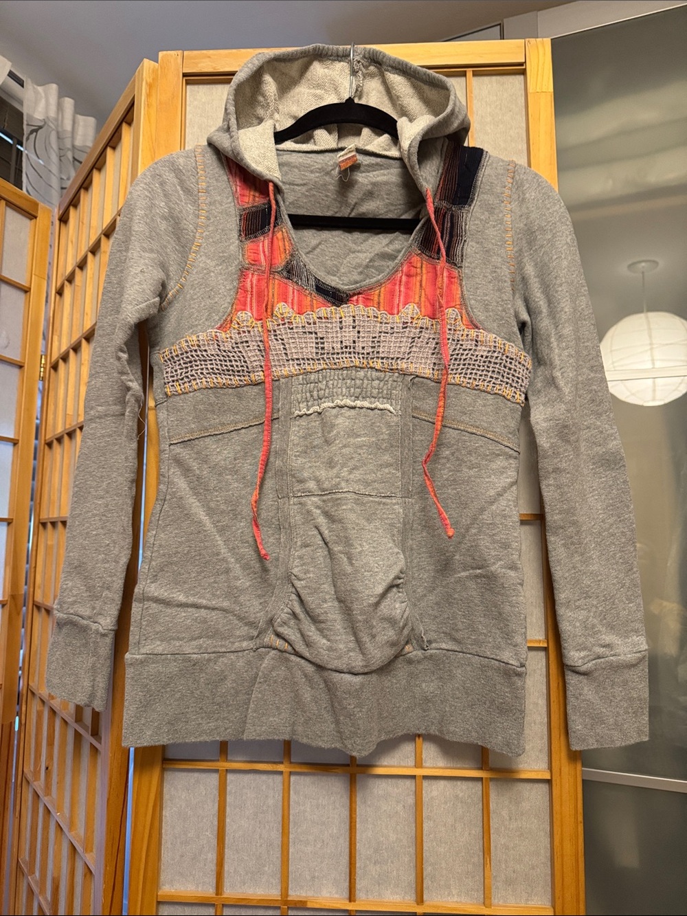 Free People Gray Hoodie Sweater with Pink and Orange Crochet Panel